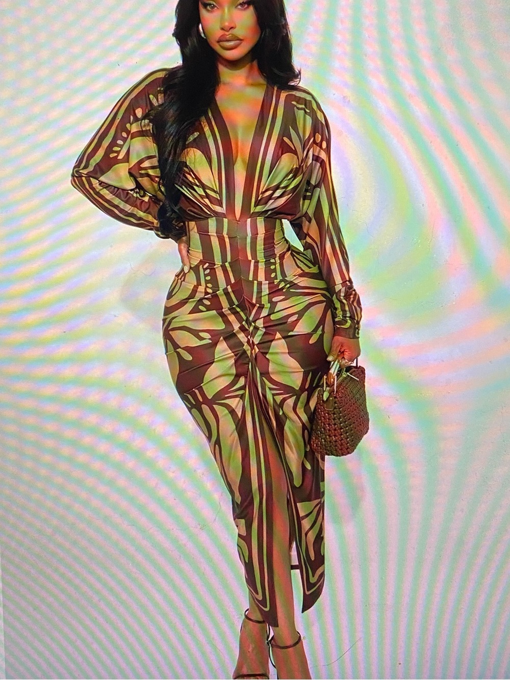 Fashion Nova brown & light olive Patterned Dress/NWOT